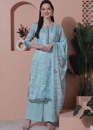 Blue Digital Printed Pant Suit In Satin