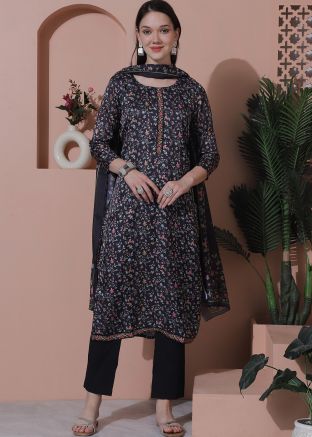 Black Digital Printed Pant Satin Suit Set