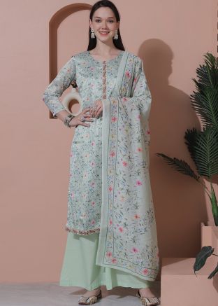 Pastel Green Digital Printed Pant Suit In Satin