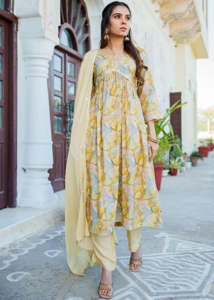 Cream Readymade Printed Cotton Anarkali Suit