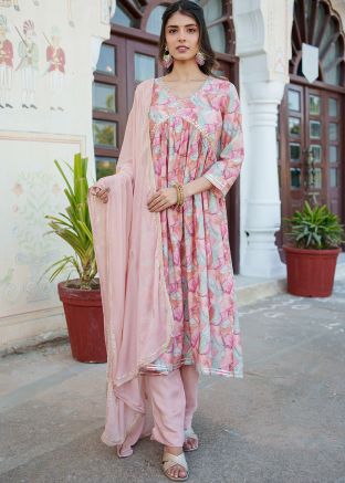 Mauve Pink Readymade Printed Anarkali Suit In Cotton