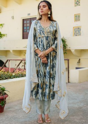 Grey Readymade Cotton Anarkali Suit In Digital Print