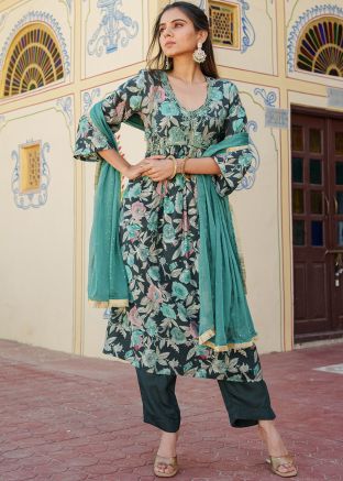 Green Readymade Cotton Digital Printed Anarkali Suit Set