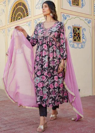 Pink Readymade Digital Printed Cotton Anarkali Suit