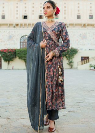 Dark Grey Readymade Printed Anarkali Suit In Chiffon