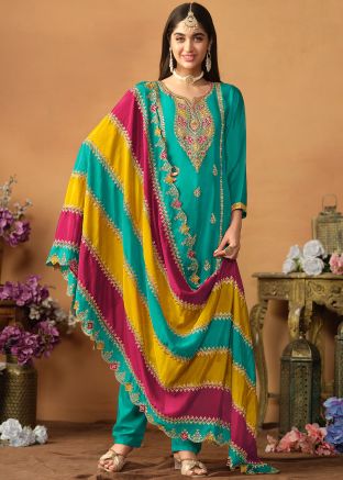 Blue Embroidered Pant Suit Set