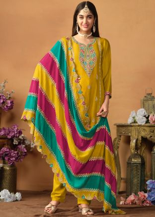 Yellow Embroidered Pant Suit Set