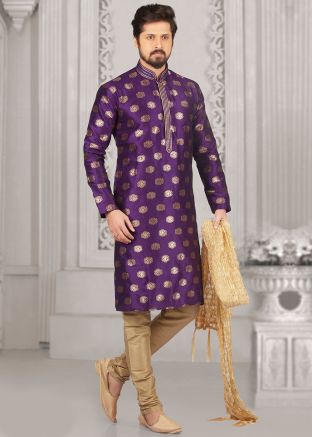 Purple Jacquard Kurta Churidar Set