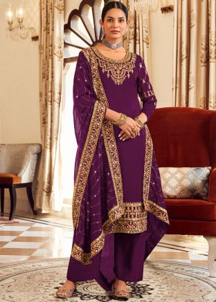 Purple Embroidered Pant Suit In Art Silk
