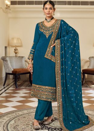 Teal Blue Embroidered Art Silk Pant Suit Set