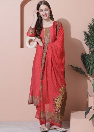 Red Digital Printed Pant Suit Set