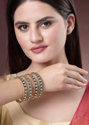 Golden & Green Kundan Studded Bangle Set
