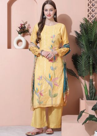 Yellow Floral Print Palazzo Suit & Dupatta