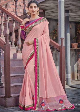 Pink Beads Work Saree In Georgette