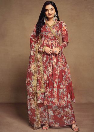 Red Floral Printed Readymade Anarkali Palazzo Suit