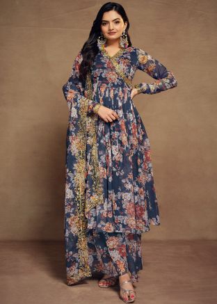 Navy Blue Floral Printed Readymade Anarkali Palazzo Suit