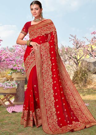 Red Zari Embroidered Bridal Saree In Georgette