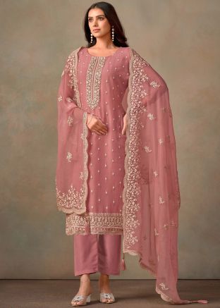 Pink Embroidered Pant Suit Set In Organza
