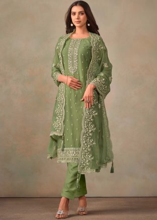 Green Embroidered Pant Suit Set In Organza