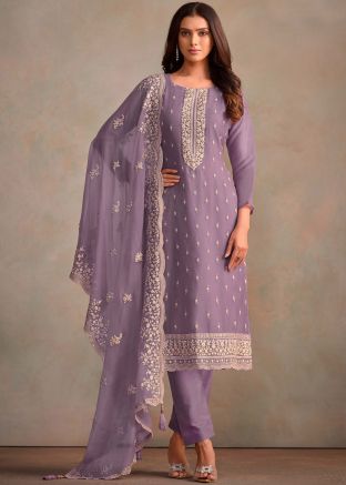Purple Embroidered Pant Suit Set In Organza