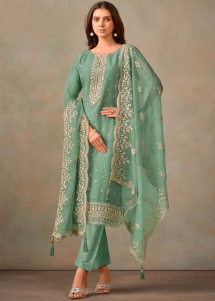 Green Embroidered Pant Suit Set In Organza