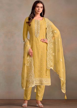 Yellow Embroidered Pant Suit Set In Organza
