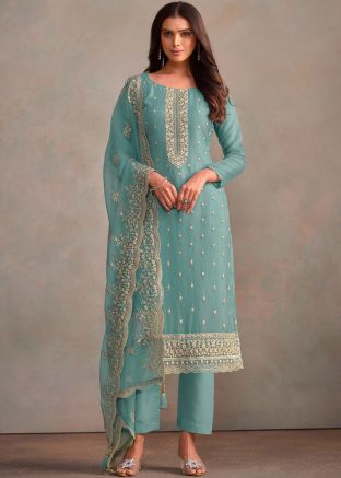 Blue Embroidered Pant Suit Set In Organza