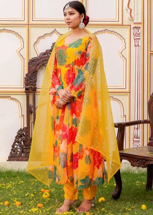 Readymade Yellow Floral Printed Anarkali Suit
