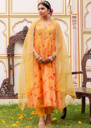 Mustard Yellow Floral Printed Readymade Anarkali Suit