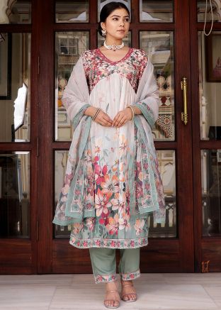 White & Sage Green Floral Print Anarkali Pant Suit