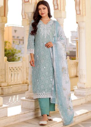 Blue Readymade Floral Printed Pant Suit Set