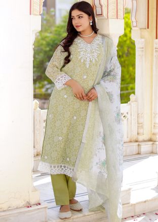 Green Readymade Floral Printed Pant Suit Set