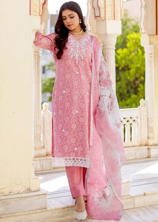 Pink Readymade Floral Printed Cotton Pant Suit