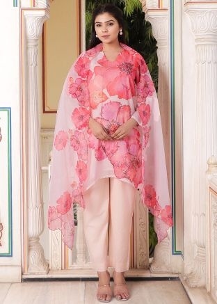 Readymade Pink Silk Pant Suit In Floral Print