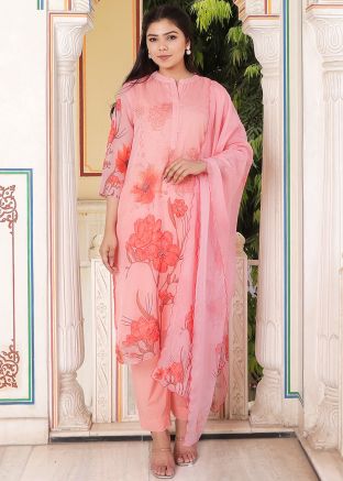 Rose Pink Readymade Floral Printed Pant Suit