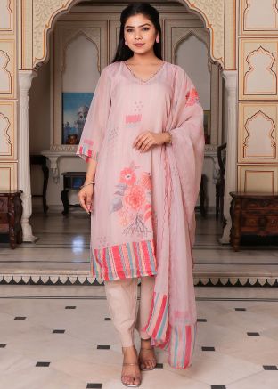 Light Pink Readymade Floral Print Pant Suit