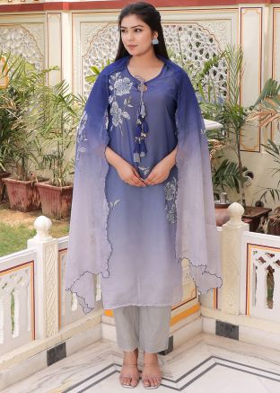 Shaded Blue Readymade Floral Print Pant Suit