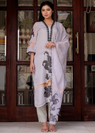 Readymade Grey Floral Printed Silk Pant Suit Set