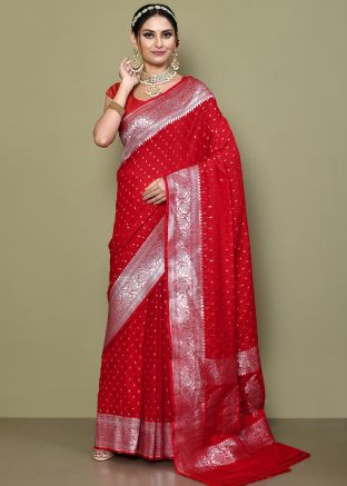 Red Zari Detailed Georgette Saree