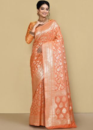 Orange Georgette Saree In Zari Work