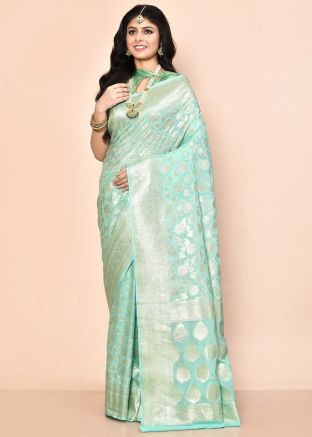 Pastel Blue Zari Georgette Saree & Blouse