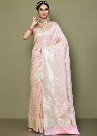 Pastel pink Zari Work Georgette Saree 