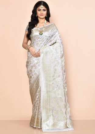 White Georgette Saree In Zari Work