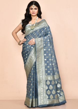Grey Woven Work Saree in Georgette