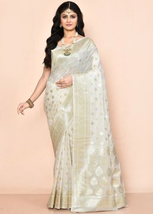 White Georgette Saree In Woven Work