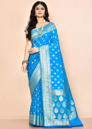 Blue Georgette Saree In Woven Work