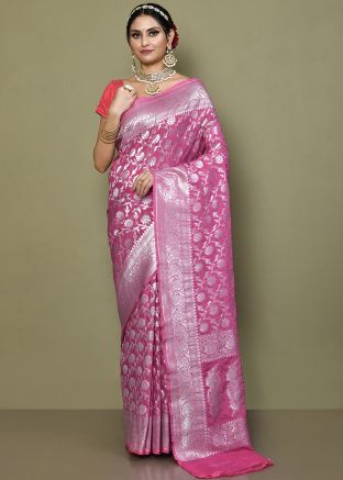 Pink Georgette Saree In Zari Work