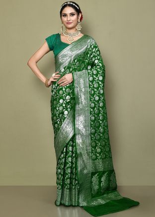 Green Woven Work Saree in Georgette