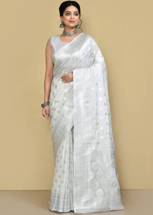 White Georgette Saree In Woven Work