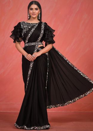 Black Embroidered Readymade Satin Silk Saree